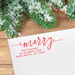 MERRY Script Simple Red Christmas Return Address Self-inking Stamp<br><div class="desc">This simple design features the festive greeting "merry." Click the customise button for more flexibility in modifying/adding text/photos and design elements! Variations of this design as well as coordinating products are available in our shop, zazzle.com/store/doodlelulu. Contact us if you need this design applied to a specific product to create your...</div>