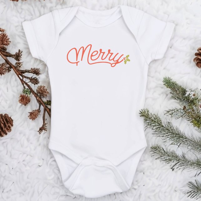 Merry Script Typography Minimalist Christmas  Baby Bodysuit (Merry Script Typography Minimalist Christmas Baby Bodysuit)