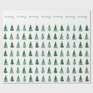Merry Script Watercolor Festive Christmas Tree Wrapping Paper
