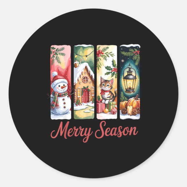 Merry Season Festive Snowman Cat Gingerbread House Classic Round Sticker (Front)