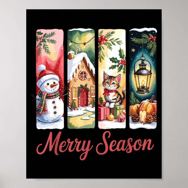 Merry Season Festive Snowman Cat Gingerbread House Poster (Front)