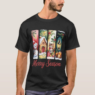 Merry Season Festive Snowman Cat Gingerbread House T-Shirt