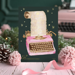 Merry Season Vintage Pink Typewriter Christmas Foil Holiday Card