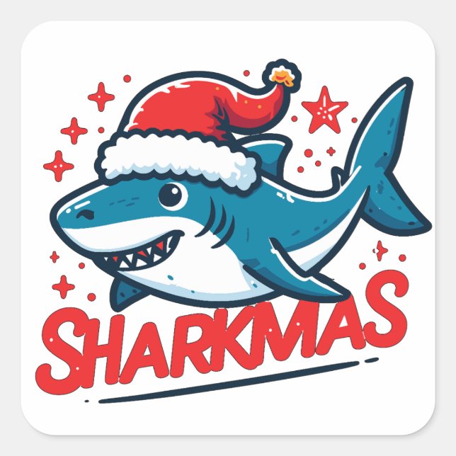 Merry Sharkmas, Christmas Shark, Funny Shark Xmas Square Sticker (Front)