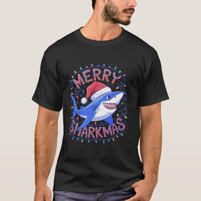 Merry Sharkmas Funny Christmas Shark Santa Hat Lig T-Shirt (Front)