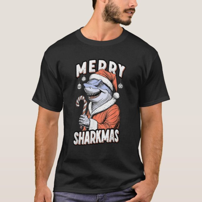 Merry Sharkmas Funny Shark Santa Claus Candy Cane  T-Shirt (Front)