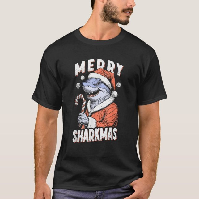 Merry Sharkmas Funny Shark Santa Claus Candy Cane  T-Shirt (Front)