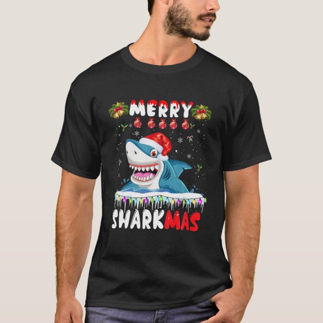 Merry Sharkmas Santa Ride Shark Ugly Christmas Lig T-Shirt (Front)
