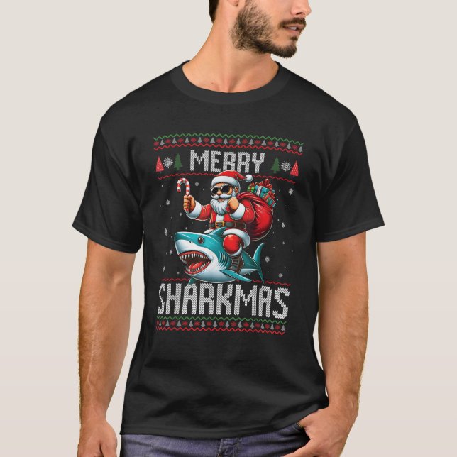 Merry Sharkmas Santa Riding Shark Ugly Christmas X T-Shirt (Front)