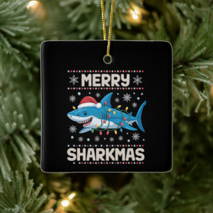 Merry Sharkmas Santa Ugly Christmas Lights Xmas Ceramic Ornament