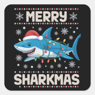 Merry Sharkmas Santa Ugly Christmas Lights Xmas Square Sticker