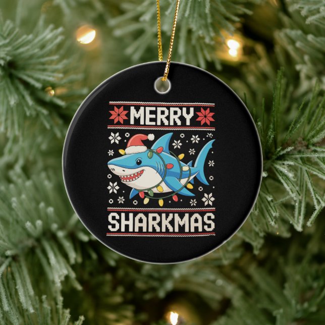 Merry Sharkmas Shark Christmas Ugly Xmas Lights Ceramic Ornament (Tree)