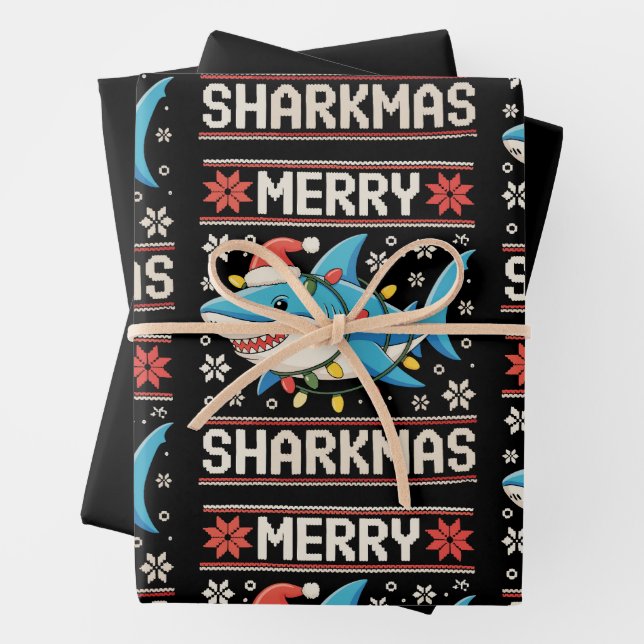 Merry Sharkmas Shark Christmas Ugly Xmas Lights Wrapping Paper Sheet (In situ)