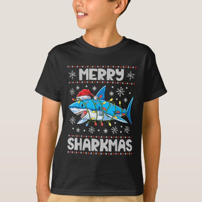 Merry Sharkmas Shark Santa Ugly Christmas Lights B T-Shirt (Front)