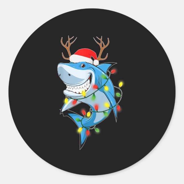Merry Sharkmas Shark with Santa Hat Christmas Ligh Classic Round Sticker (Front)