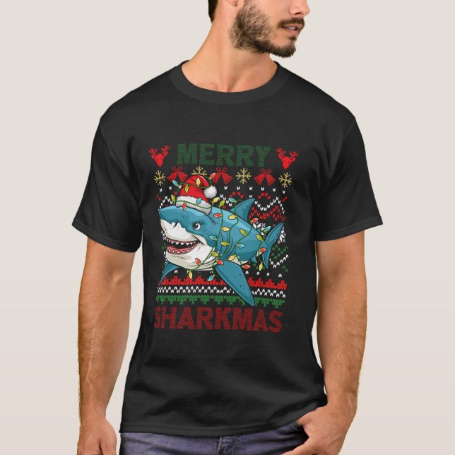 Merry Sharkmas Ugly Christmas Shark Lights Santa H T-Shirt (Front)