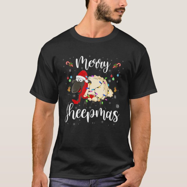 Merry Sheepmas Funny Christmas Lights Santa Sheep T-Shirt (Front)