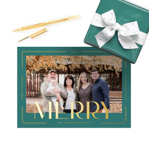 Merry Simple & Modern Gold Frame Family Photo Foil Holiday Card