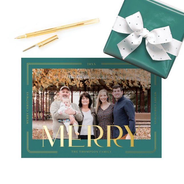 Merry Simple & Modern Gold Frame Family Photo Foil Holiday Card (Creator Uploaded)