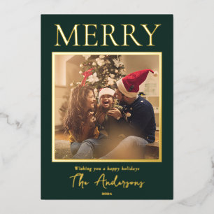 Merry Simple Modern Minimal Photo Foil Holiday Card