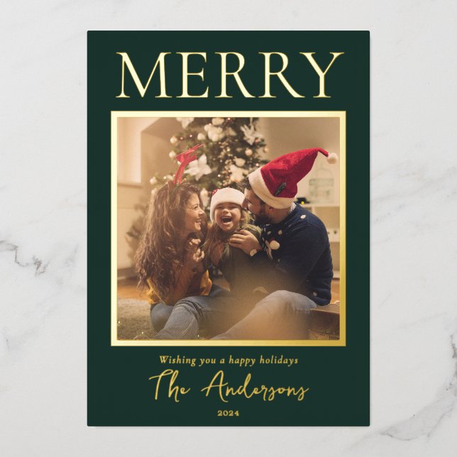 Merry Simple Modern Minimal Photo Foil Holiday Card (Front)
