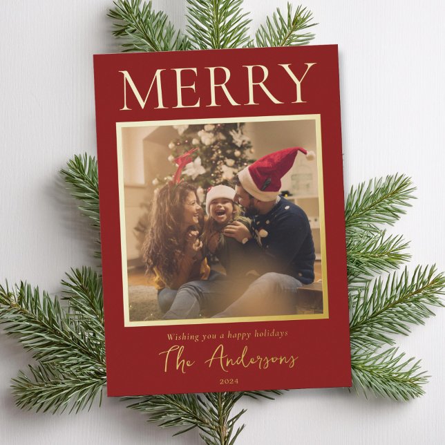 Merry Simple Modern Minimal Photo Foil Holiday Card (Creator Uploaded)