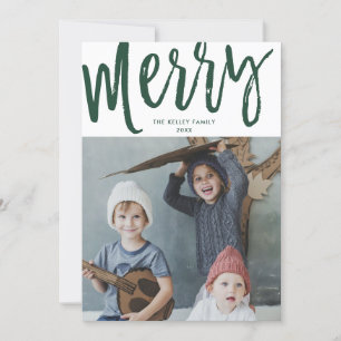 Merry, Single Photo, Text on Back, Green Holiday Card
