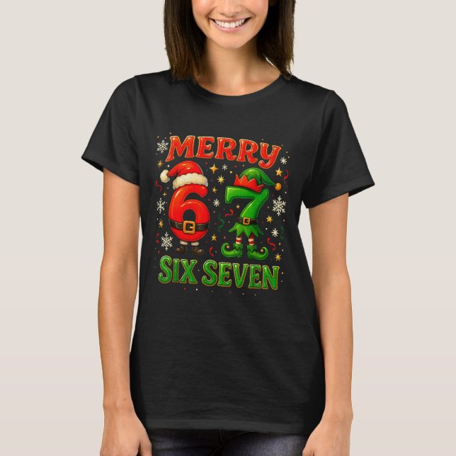 Merry Six Seven Funny Meme 67 Christmas Couple Des T-Shirt (Front)