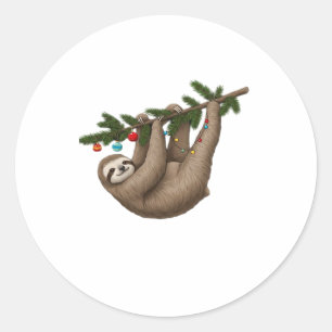 Merry Sloth on Christmas Tree Branch with Ornament Classic Round Sticker