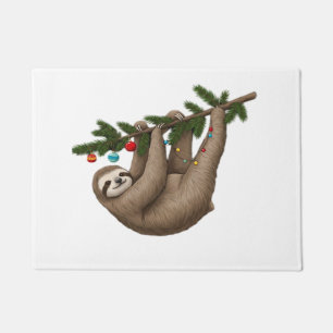 Merry Sloth on Christmas Tree Branch with Ornament Doormat