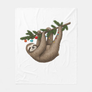 Merry Sloth on Christmas Tree Branch with Ornament Fleece Blanket