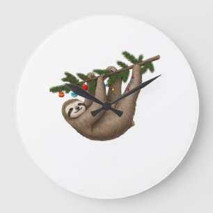 Merry Sloth on Christmas Tree Branch with Ornament Large Clock