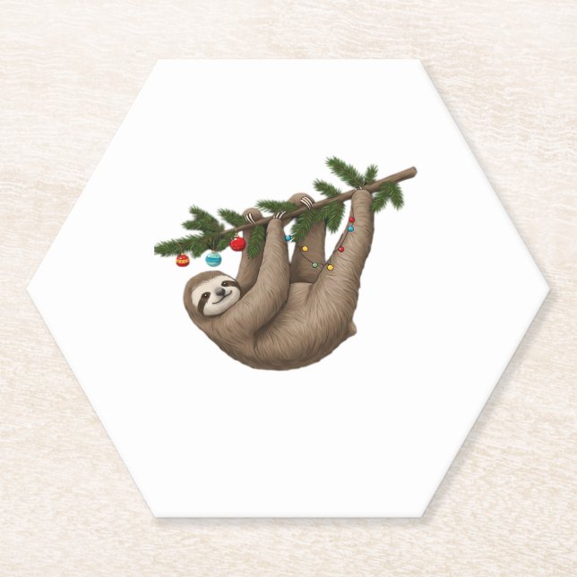 Merry Sloth on Christmas Tree Branch with Ornament Paper Coaster (Front)