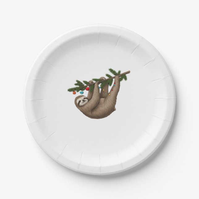 Merry Sloth on Christmas Tree Branch with Ornament Paper Plate (Front)