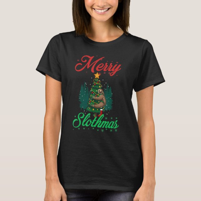 Merry Slothmas  Christmas Lights And Santa Hat Paj T-Shirt (Front)