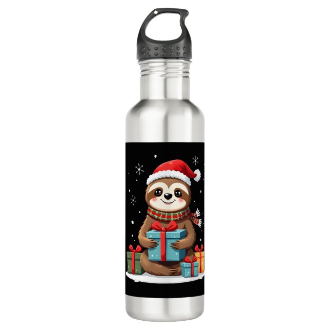 Merry Slothmas cute Christmas sloth Santa hat Xmas 710 Ml Water Bottle (Front)
