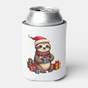 Merry Slothmas cute Christmas sloth Santa hat Xmas Can Cooler