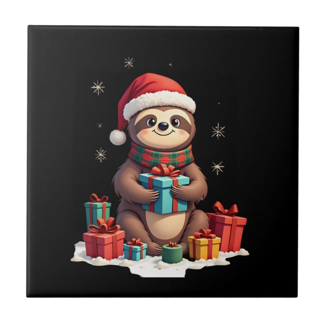 Merry Slothmas cute Christmas sloth Santa hat Xmas Ceramic Tile (Front)