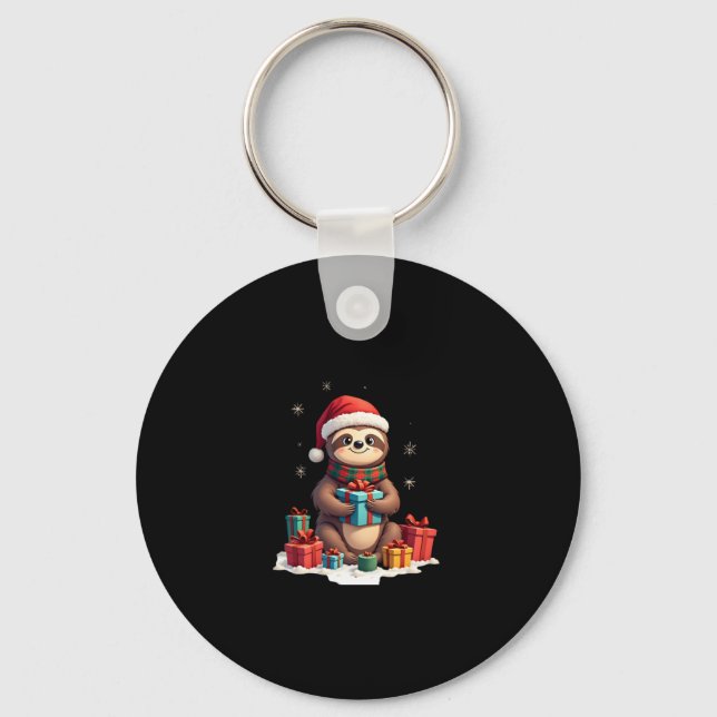 Merry Slothmas cute Christmas sloth Santa hat Xmas Key Ring (Front)