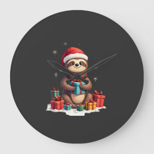 Merry Slothmas cute Christmas sloth Santa hat Xmas Large Clock