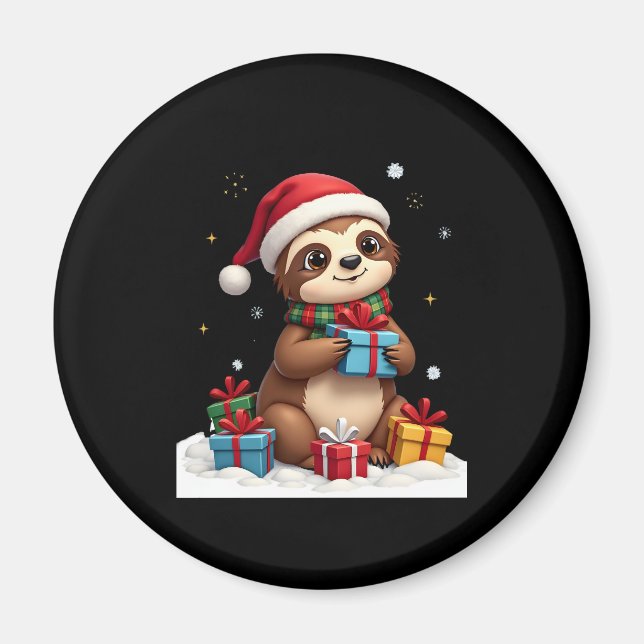 Merry Slothmas cute Christmas sloth Santa hat Xmas Magnet (Front)