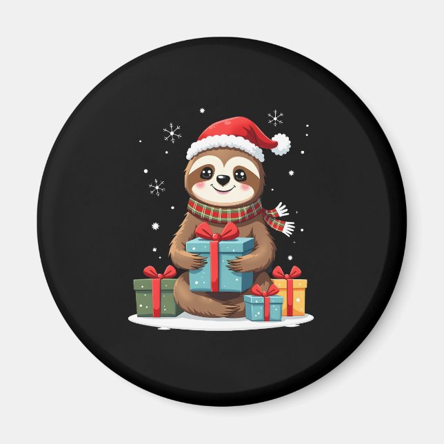 Merry Slothmas cute Christmas sloth Santa hat Xmas Magnet (Front)