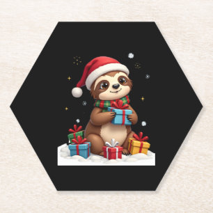 Merry Slothmas cute Christmas sloth Santa hat Xmas Paper Coaster