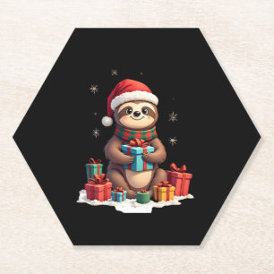 Merry Slothmas cute Christmas sloth Santa hat Xmas Paper Coaster