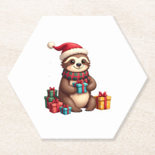 Merry Slothmas cute Christmas sloth Santa hat Xmas Paper Coaster