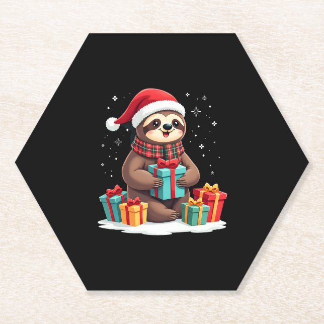 Merry Slothmas cute Christmas sloth Santa hat Xmas Paper Coaster (Front)
