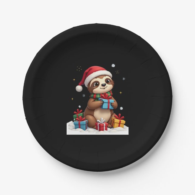 Merry Slothmas cute Christmas sloth Santa hat Xmas Paper Plate (Front)