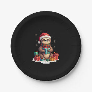 Merry Slothmas cute Christmas sloth Santa hat Xmas Paper Plate