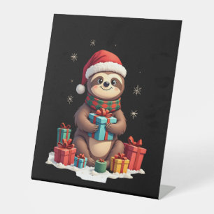 Merry Slothmas cute Christmas sloth Santa hat Xmas Pedestal Sign
