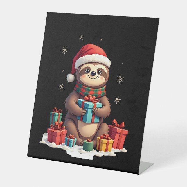 Merry Slothmas cute Christmas sloth Santa hat Xmas Pedestal Sign (Front)
